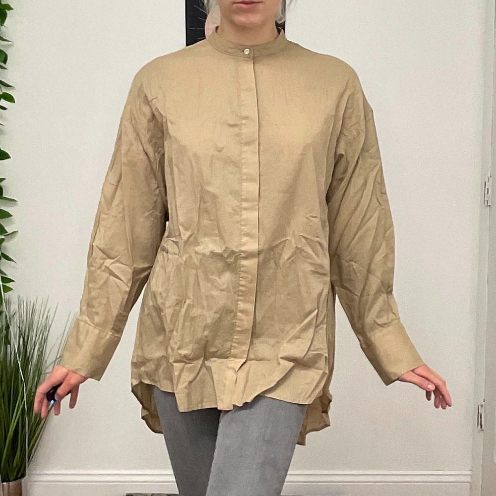 Florent High-Low Button-Up Shirt Dress Long Sleeve Size S Tan